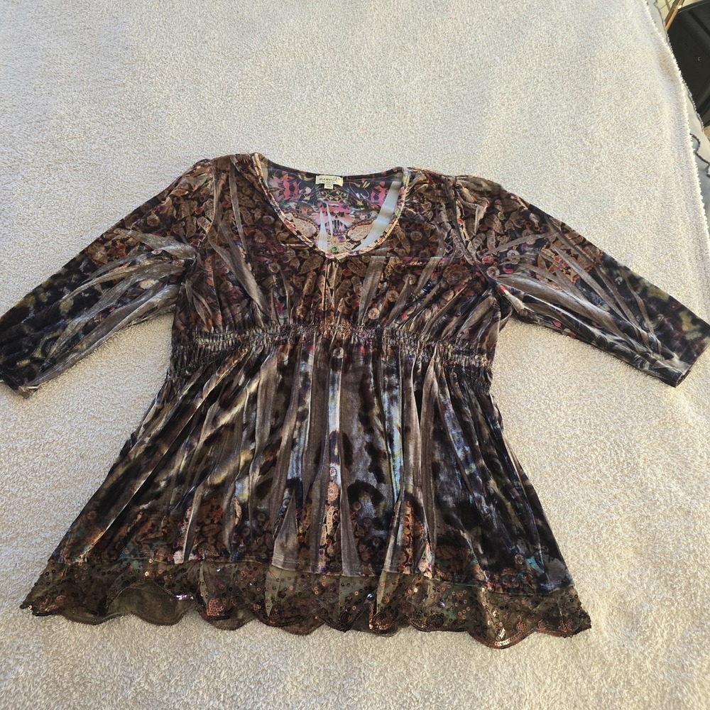 One World Women's V-Neck Whimsigoth Velvet Tunic Top Lace Sequins Boho Sz 2XL